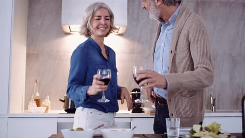 Couple Cheers Wine Glasses Together in Modern Kitchen