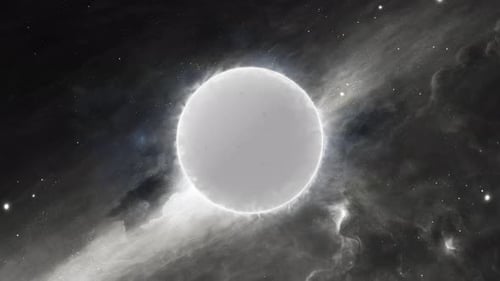Futuristic flaming white star. Cinematic burning surface of star in deep space. Hot plasma of sun