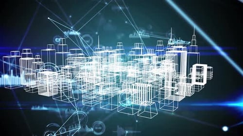 Futuristic Wireframe City with Digital Data Connections