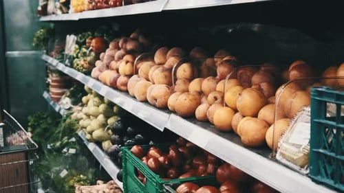Fresh Fruits and Vegetables on Supermarket Shelves