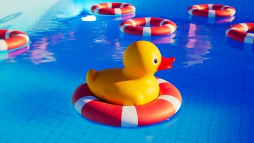 Pato de goma amarillo sobre anillo salvavidas flotando en la piscina. Zona de relajación.
