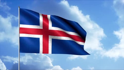 Realistic Waving Flag of Iceland Against Blue Sky