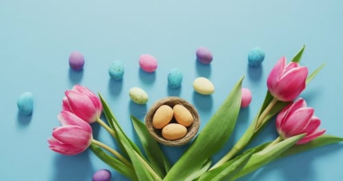 Festive Easter Eggs and Pink Tulips Arrangement