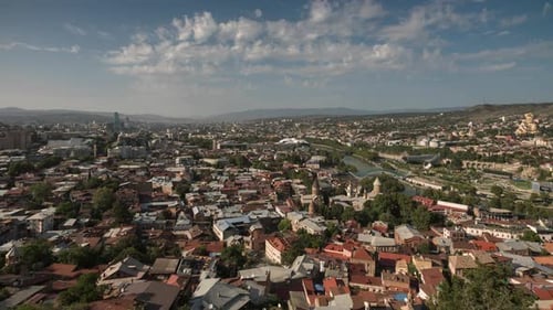 Panorama of Old Part Tbilisi City in Georgia Lot of Tile Roofs, Church Modern Buildings
