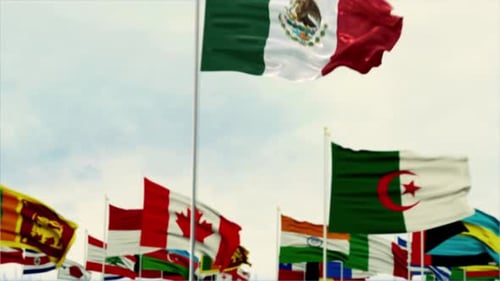 Mexico National Flag Waving Among International Country Flags