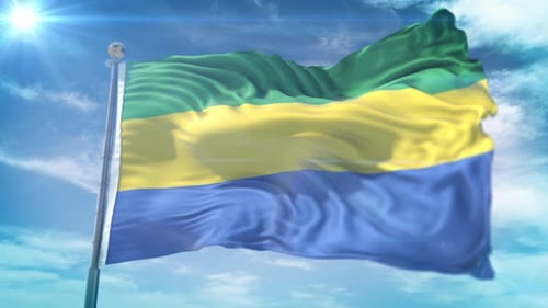 Gabon Flag Waving in Realistic Sky with Sun Flare
