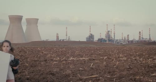 climate change crisis. Kids wearing gas masks near an oil refinery