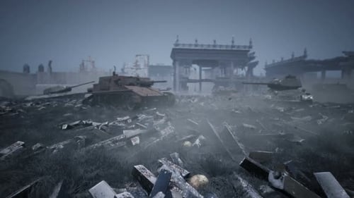 Post-Apocalyptic War-Torn City Ruins with Destroyed Tanks and Rubble