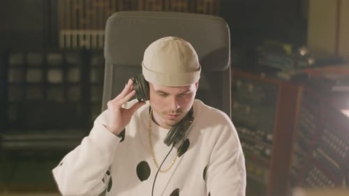 Young Caucasian Man Working at Music Recording Studio