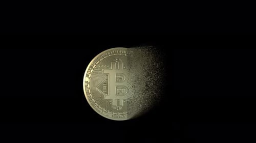 Golden Bitcoin Coin Particle Disintegration Effect