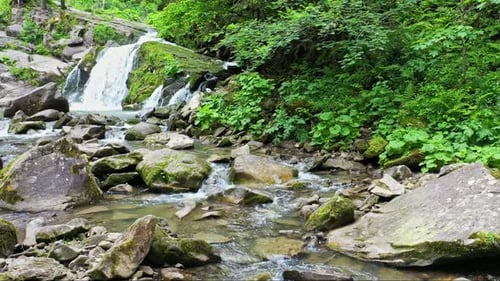 Mountain River Waterfall Flowing Between Rocky Shores in Carpathians Mountains Ukraine