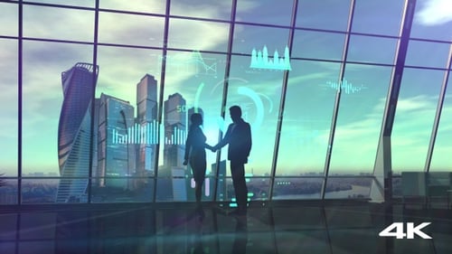 Businessmen Shake Hands In Office On Infographic Background 4K