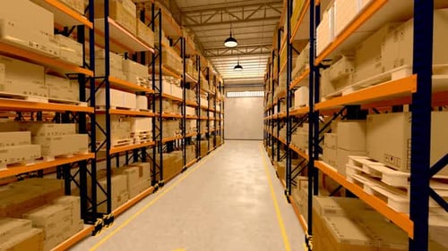 Walk through the warehouse alley with endless packages amount. Loopable. HD
