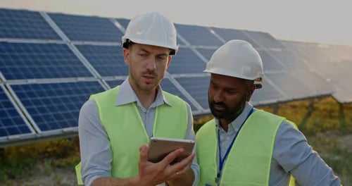 Close Up View of Male Worker in Hard Helmet Standing at Solar Farm and Looking at Tablet Screen. Two