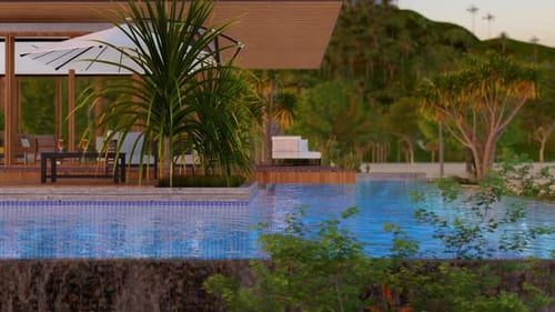 Cocktail Glass On Wood Table With Swimming Pool