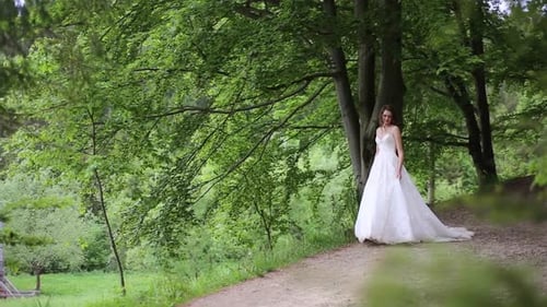 Bride in White Wedding Dress Posing in Forest