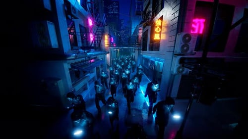 People hypnotized by their mobiles walking in the rain. Street in neons lights.