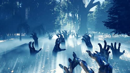 Misty Zombie Hands Emerging from Dark Forest Ground