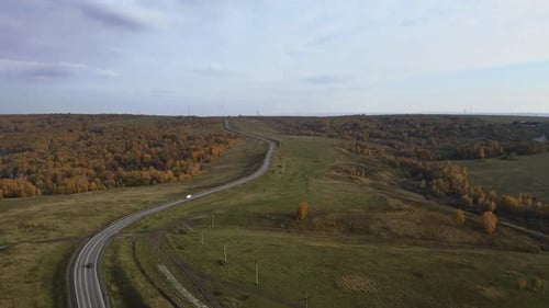 Drone Shot Aerial View Scenic Landscape of Countryside Rural Road Traffic. High Quality Footage