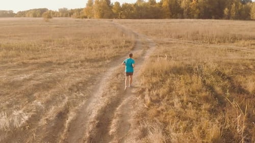 Aerial View Running Man in Sunset Time. Outdoor Cross-country Running. Athletic Young Man Is Running