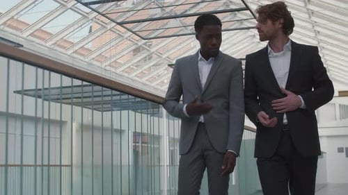 Businessmen Going along Office Hall and Talking