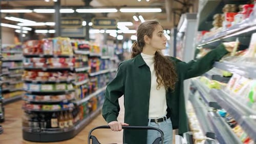 A Woman in a Supermarket Pushing Trolley Choosing Cheese in Milk Section