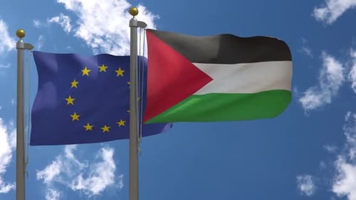 European Union and Palestine Flags Waving in the Wind
