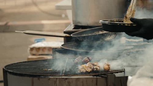 Delicious Vegetable And Meat Skewer On Grill Close Up Street Kebab