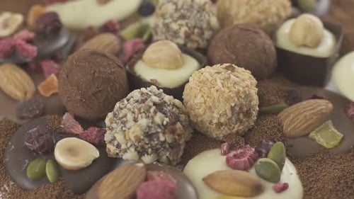 Close Up of Gourmet Chocolates with Nuts and Berries