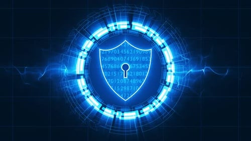 Blue security shield with rotation circle technology abstract background