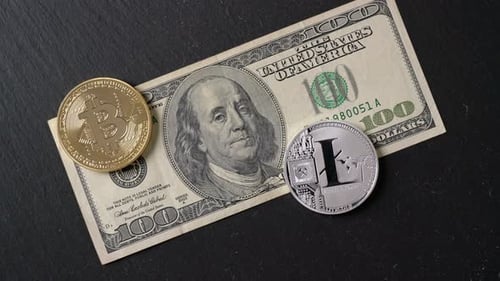 Bitcoin, Litecoin, and US Dollar on Black Background