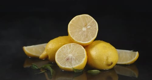 Pile of Lemons and Slices on Black Surface