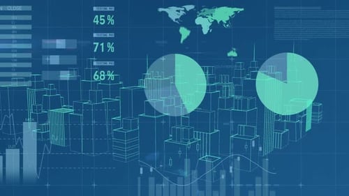 Gráficos y datos con edificios virtuales en una ciudad