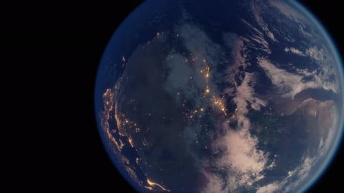 Realistic 3D Earth Rotation from Space Showing Night City Lights
