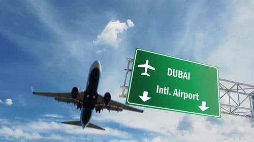 Airport Sign. Dubai Airplane Passing Overhead