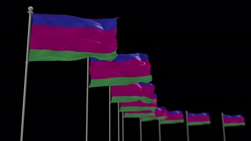 Multiple Waving Flags with Blue, Magenta, Green Stripes