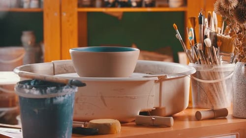 Pottery - Clay Bowl Is Rotating on a Potter's Wheel