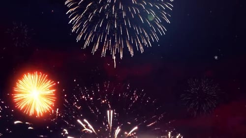 Beautiful Multi colored Fireworks in Night sky. New year's Fireworks Show Explosions