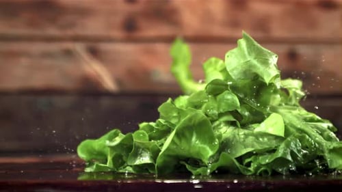 Crisp Green Lettuce Falling onto Wooden Surface