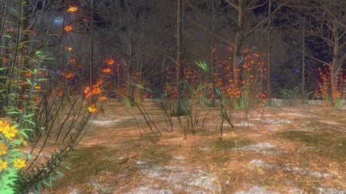 Magical Forest Scene with Growing Plants and Glowing Flowers