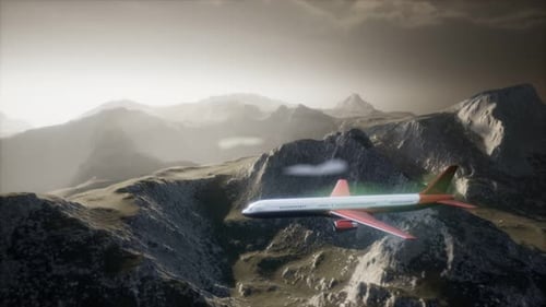 Passenger Aircraft Over Mountain Landscape