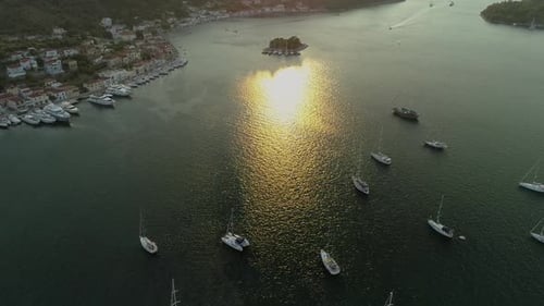 Aerial view of harbor on the bay at mediterranean sea, Greece.