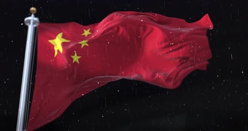 Waving China Flag Animation with Rain and Dark Sky