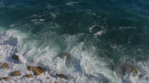 Aerial Slow Motion View Azure Ocean Giant Waves Crashing Rocky Cliff