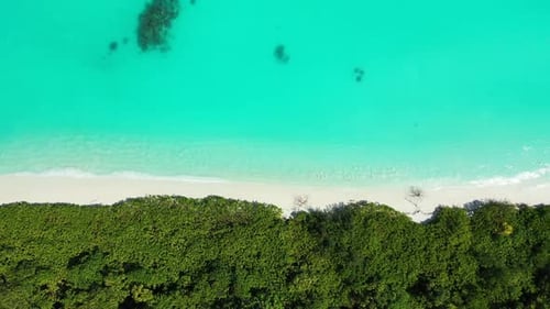 Aerial drone shot landscape of exotic island beach trip by blue ocean and white sandy background of