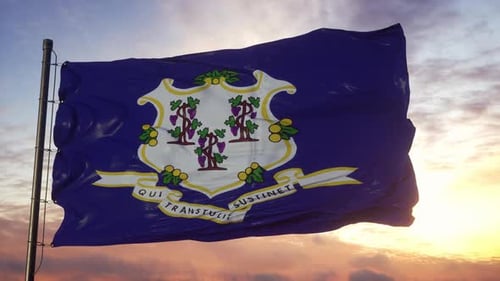 Connecticut State Flag Waving at Golden Sunset