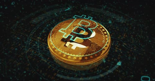 Bitcoin BTC cryptocurrency golden coin loop on digital screen