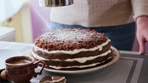 Home Bakery Cake Decoration Close Up Sugar Powder Pouring