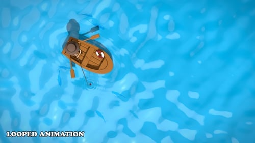 Animated Fisherman in Boat on Blue Water with Swimming Fish