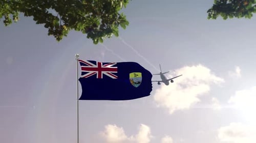 Saint Helena Flag Waving with Airplane Flying and City Skyline Reveal